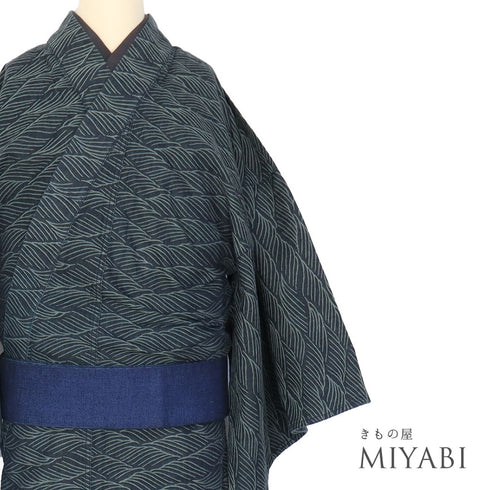 男物 リサイクル 身丈138.5cm 裄72.2cm 単衣 デニム着物 既製品 ネイビー SSサイズ お洒落 カジュアル 木綿 洗える着物 棒衿 Sランク